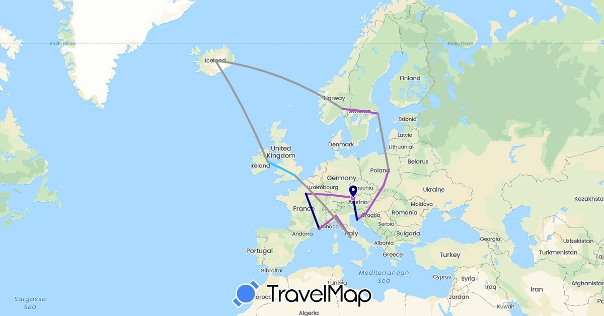 TravelMap itinerary: driving, plane, train, boat in Austria, France, United Kingdom, Croatia, Ireland, Iceland, Italy, Norway, Poland, Sweden (Europe)